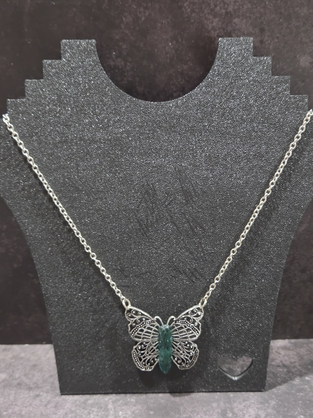 Lovesick Silver Butterfly Necklace with Green Carved Stone